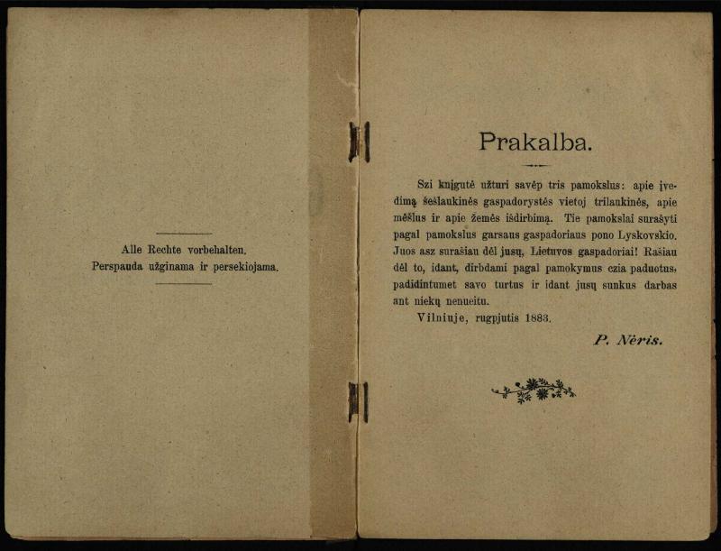 Trys pamokslai apie gaspadorystę dėl gaspadorių sodiečių / parašyta P. N. [Petro Vileišio]