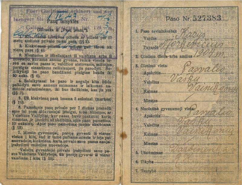 Pasvalio apskr. Vaškų vlsč. Vainikonių k. [dabar – Vainekoniai] gyventojo Kazio Morkevičiaus pasas, išduotas 1921 m. rugsėjo 26 d. Paso Nr. 527383.