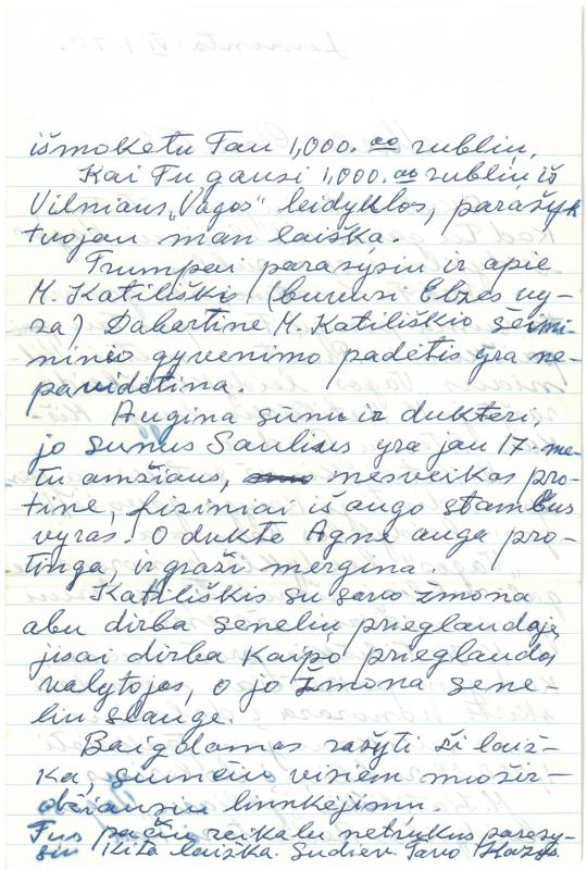 Kazio Balčiūno laiškas žmonai Onai Balčiūnienei. 1970 m. birželio 1 d.
