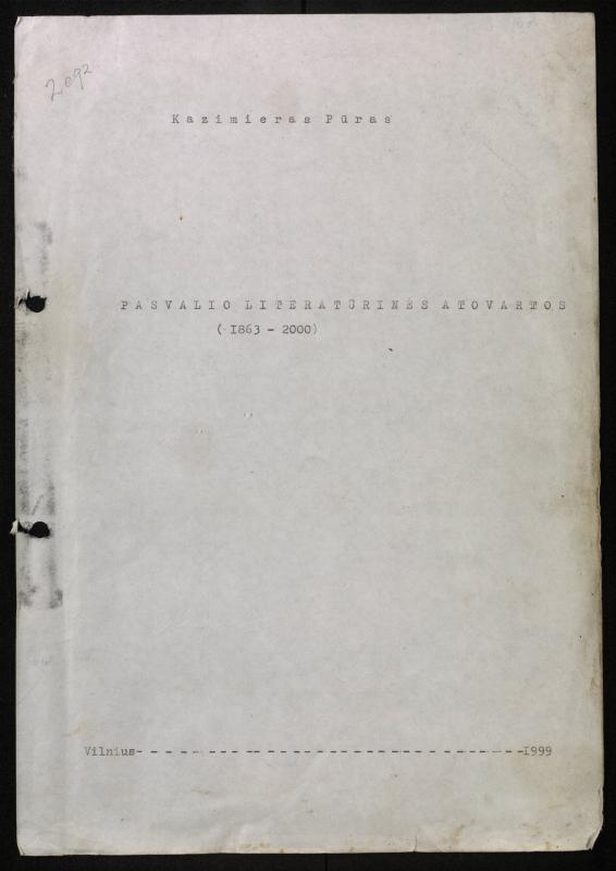 Žurnalisto, literato, vertėjo Kazimiero Pūro literatūros studija „Pasvalio krašto literatūrinės atovartos (1863–2000)“