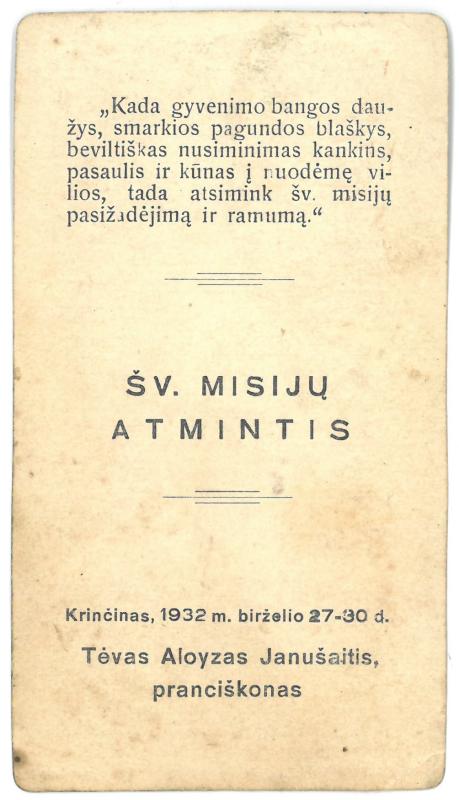 Religinis paveikslėlis. Priekinėje pusėje – užrašas prancūzų kalba. Kitoje – sentencija, užrašas lietuvių kalba: „Šv. misijų atmintis“