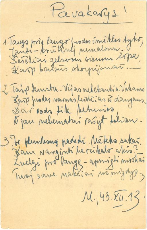Rašytojo, savaitraščio „Tėviškės Žiburiai“ redaktoriaus Česlovo Senkevičiaus pavieniai eilėraščiai. 1943–1949 m.