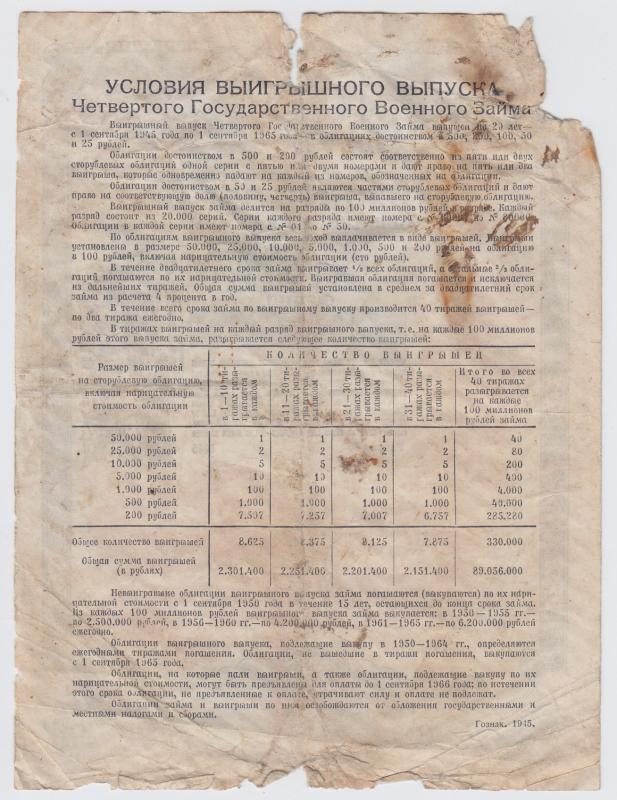 Obligacija. 100 rublių (Nr. 29. Serija 079406). Sovietų Sąjunga, 1945 m.
