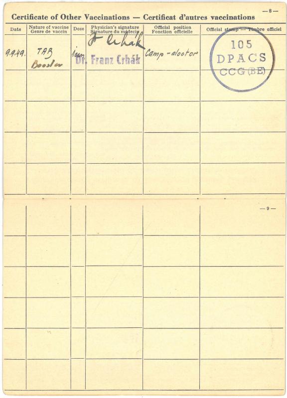 Tarptautinis skiepijimo pažymėjimas, išduotas Česlovui Senkevičiui. 1949 m. gegužės 19 d.