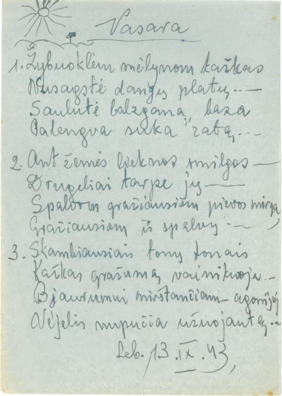 Rašytojo, savaitraščio „Tėviškės Žiburiai“ redaktoriaus Česlovo Senkevičiaus pavieniai eilėraščiai. 1943–1949 m.