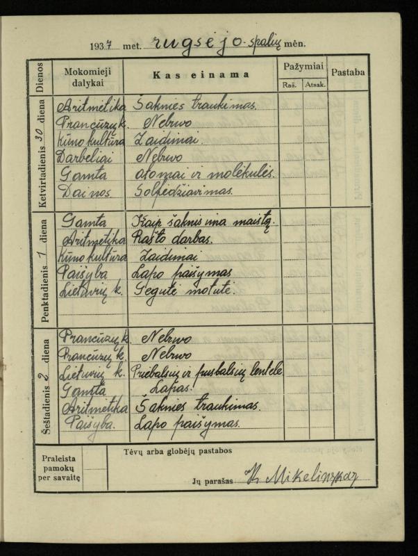 Pasvalio inž. P. Vileišio valstybinės gimnazijos I klasės mokinio Jono Mikelinsko dienynas. 1937–1938 m.