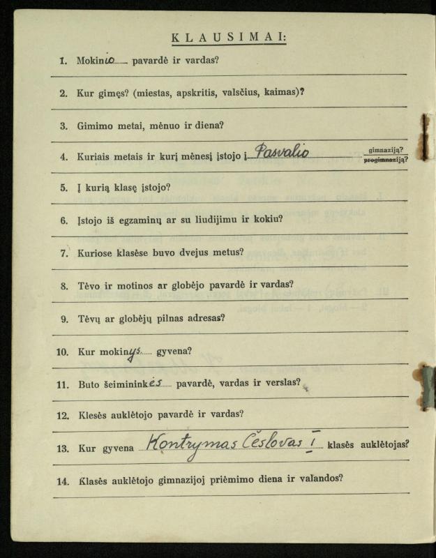 Pasvalio inž. P. Vileišio valstybinės gimnazijos I klasės mokinio Jono Mikelinsko dienynas. 1937–1938 m.