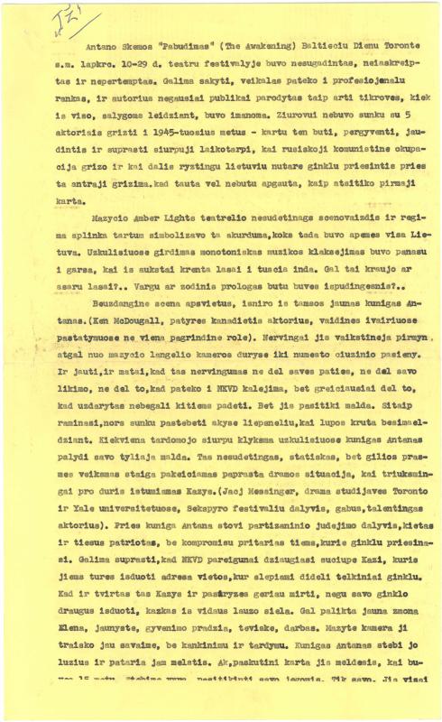 Rašytojo, savaitraščio „Tėviškės Žiburiai“ redaktoriaus Česlovo Senkevičiaus recenzija Antano Škėmos „Pabudimas“