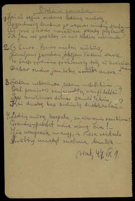 Rašytojo, savaitraščio „Tėviškės Žiburiai“ redaktoriaus Česlovo Senkevičiaus pavieniai eilėraščiai. 1943–1949 m.