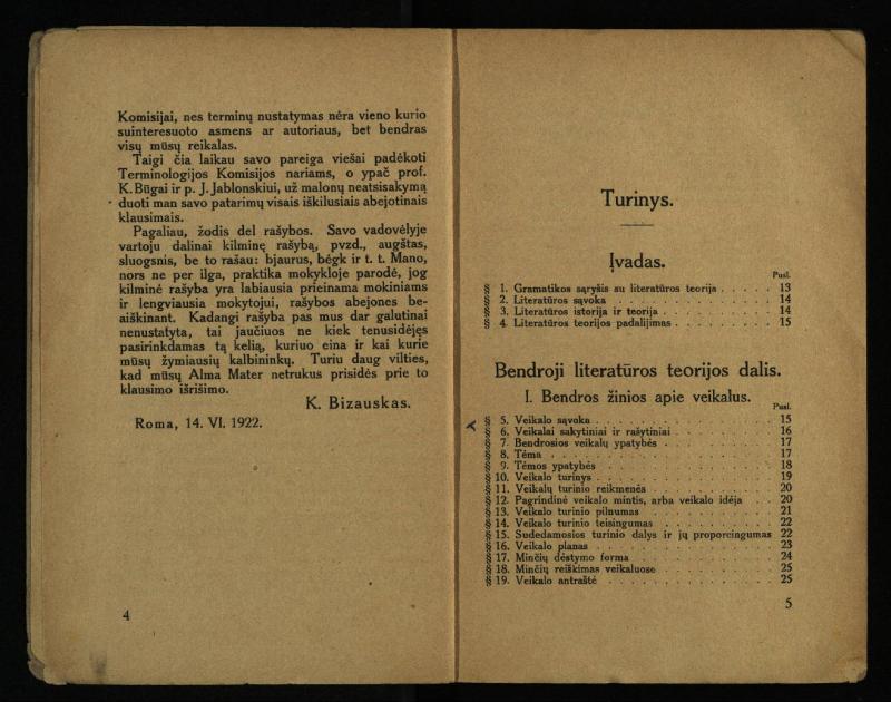 Literatūros teorija : vadovėlis aukštesniosioms mokykloms / K. Bizauskas. – 3 -ias leid. – Kaunas, 1922. – 199 p.