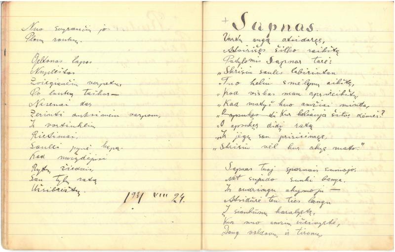 Albino Vaitkaus (Mariaus Katiliškio) eilėraščių sąsiuvinis „Mano žodžiai“. II dal. 1931 m.