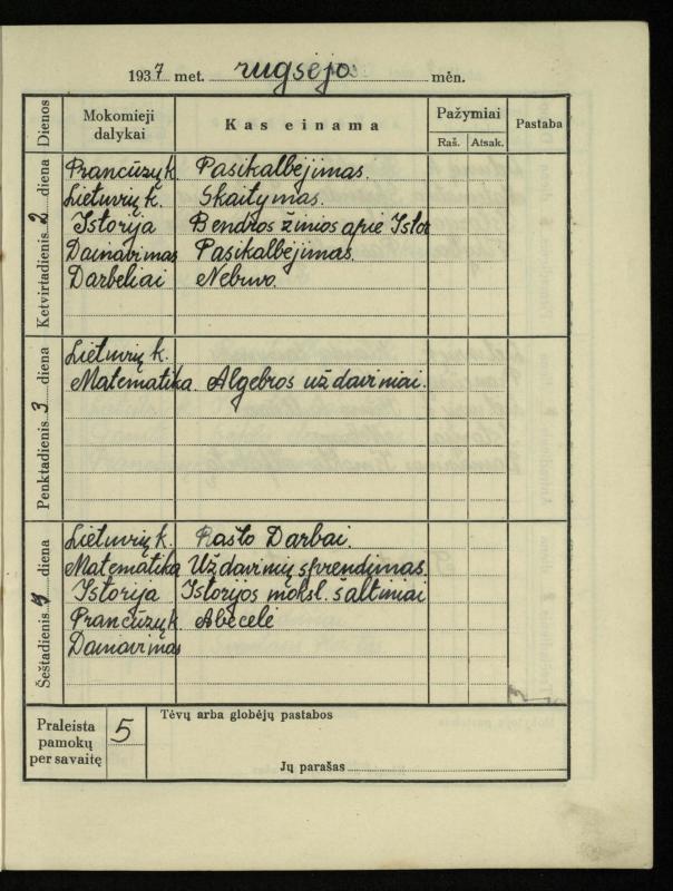 Pasvalio inž. P. Vileišio valstybinės gimnazijos I klasės mokinio Jono Mikelinsko dienynas. 1937–1938 m.