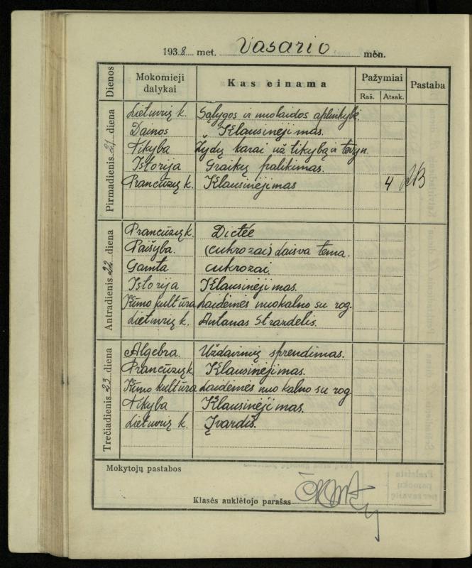 Pasvalio inž. P. Vileišio valstybinės gimnazijos I klasės mokinio Jono Mikelinsko dienynas. 1937–1938 m.