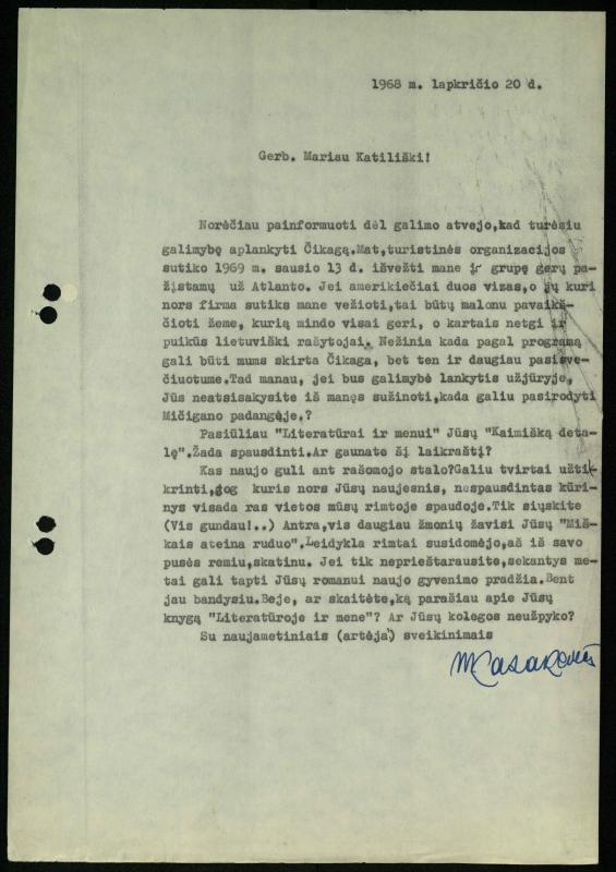 Žurnalisto Vytauto Kazakevičiaus ir rašytojų Mariaus Katiliškio, Zinaidos Nagytės-Katiliškienės korespondencija. 1966–1984 m.