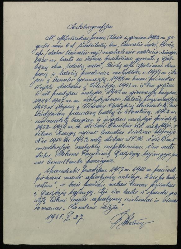 Rašytojo Jono Mikelinsko autobiografija. 1965 m. gegužės 27 d.