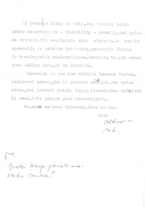 Mariaus Katiliškio 1980 m. sausio 25 d. laiškas sūnėnui Vytautui Vaitkui