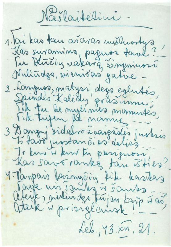 Rašytojo, savaitraščio „Tėviškės Žiburiai“ redaktoriaus Česlovo Senkevičiaus pavieniai eilėraščiai. 1943–1949 m.