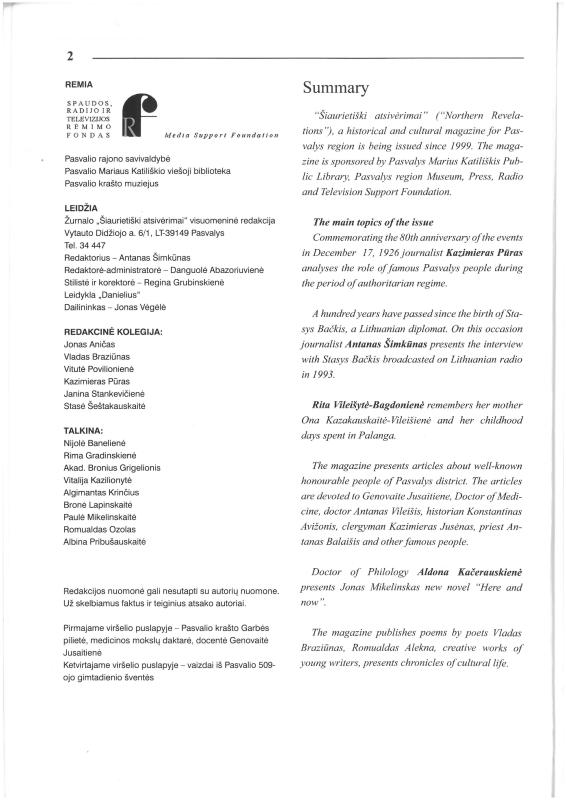 Šiaurietiški atsivėrimai : Pasvalio krašto istorijos ir kultūros žurnalas 2006, nr. 2 (21)