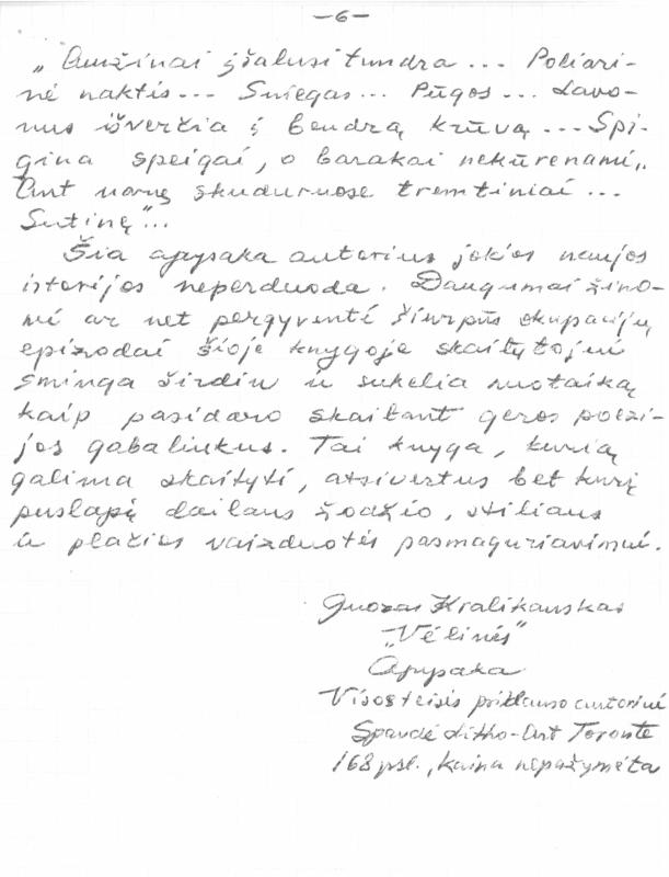 Rašytojo, savaitraščio „Tėviškės Žiburiai“ redaktoriaus Česlovo Senkevičiaus recenzijos „Vėlinės. Naujausiąją Juozo Kralikausko knygą perskaičius“ kopija