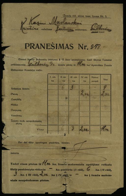 Biržų apskrities Žemės rūšiavimo komisijos pirmininko pranešimas Krinčino valsčiaus Berčiūnų seniūnijos Gulbinėnų dvaro gyventojui Kaziui Maslauskui, 1928 m.