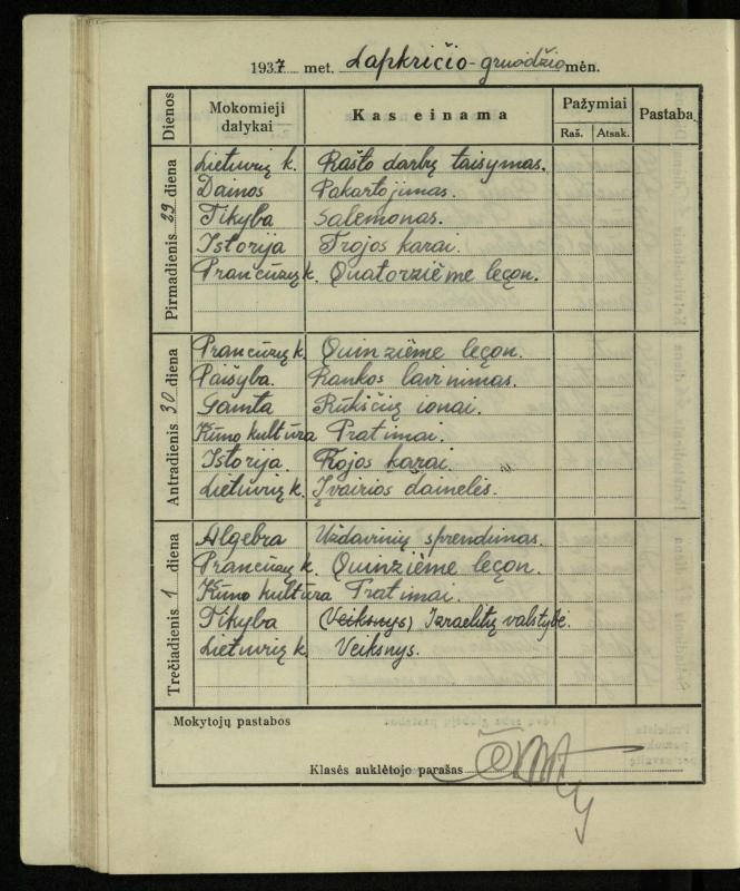 Pasvalio inž. P. Vileišio valstybinės gimnazijos I klasės mokinio Jono Mikelinsko dienynas. 1937–1938 m.