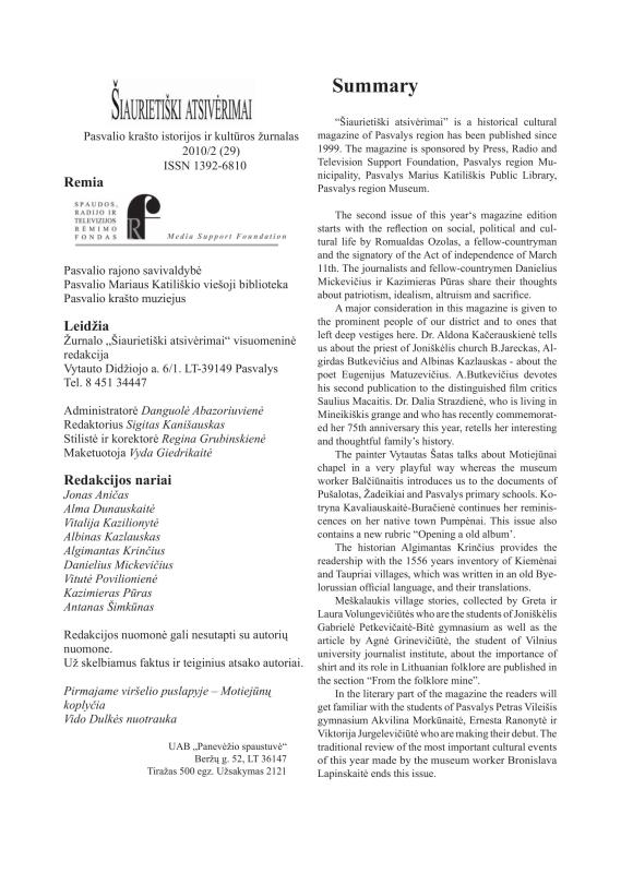 Šiaurietiški atsivėrimai : Pasvalio krašto istorijos ir kultūros žurnalas 2010, nr. 2 (29)