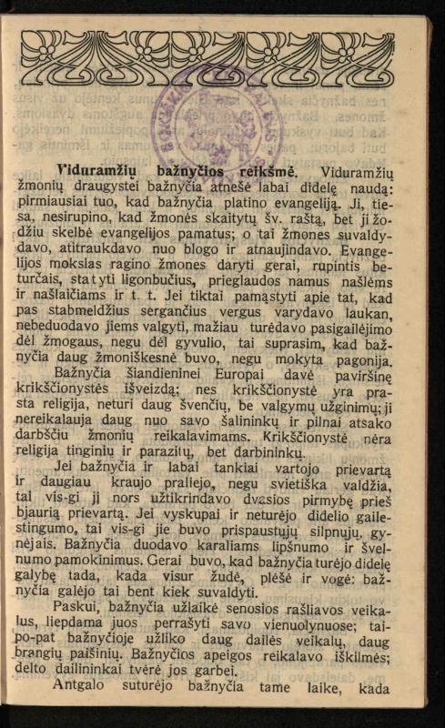 Viduramžių bažnyčios vaizdas / (historiškas piešinėlis Li); sutrumpino ir sulietuvino kun. Jonas Šepetys. – [S.l.]: [s.n.], 1912 (Vilnius: M. Kuktos sp.). – 31 p.
