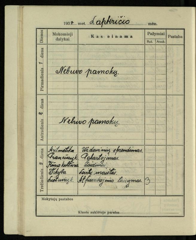 Pasvalio inž. P. Vileišio valstybinės gimnazijos I klasės mokinio Jono Mikelinsko dienynas. 1937–1938 m.