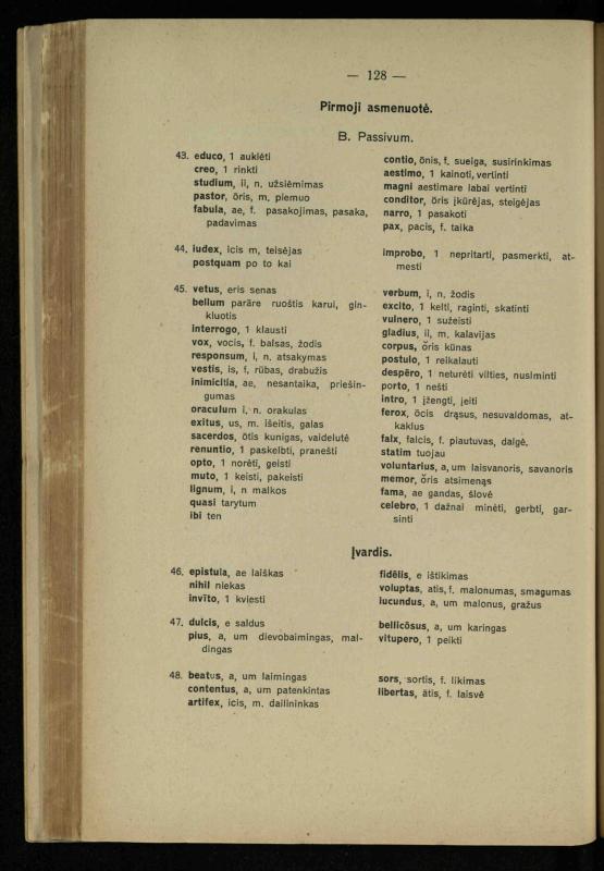 Lotynų kalbos chrestomatija: vidurinėms mokykloms vadovėlis (3-sios ir 4-sios klasės kursas) / K. Kliuksinas. – [Kaunas]: Koper. s-ga „Spaudos fondas“, 1932. – 191 p.
