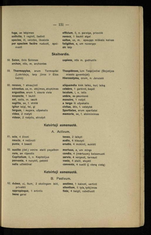 Lotynų kalbos chrestomatija: vidurinėms mokykloms vadovėlis (3-sios ir 4-sios klasės kursas) / K. Kliuksinas. – [Kaunas]: Koper. s-ga „Spaudos fondas“, 1932. – 191 p.