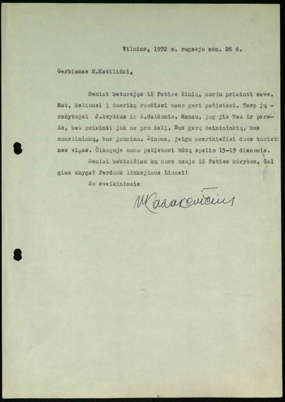 Žurnalisto Vytauto Kazakevičiaus ir rašytojų Mariaus Katiliškio, Zinaidos Nagytės-Katiliškienės korespondencija. 1966–1984 m.