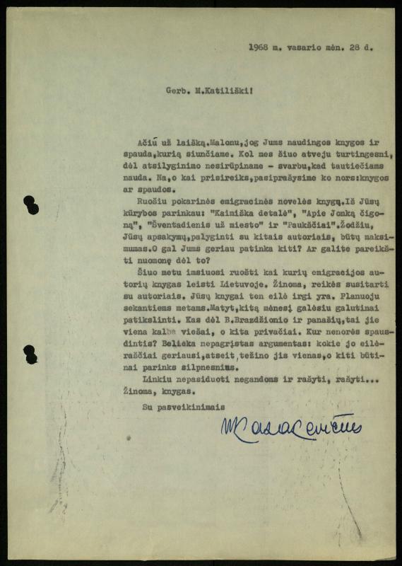 Žurnalisto Vytauto Kazakevičiaus ir rašytojų Mariaus Katiliškio, Zinaidos Nagytės-Katiliškienės korespondencija. 1966–1984 m.