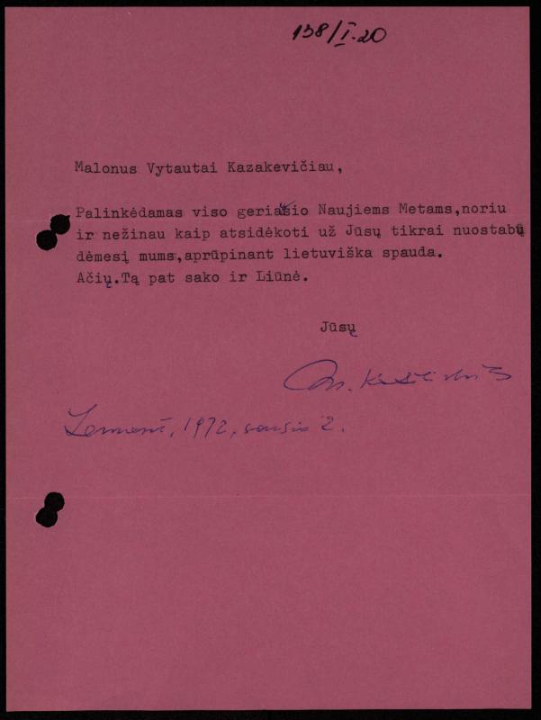 Žurnalisto Vytauto Kazakevičiaus ir rašytojų Mariaus Katiliškio, Zinaidos Nagytės-Katiliškienės korespondencija. 1966–1984 m.