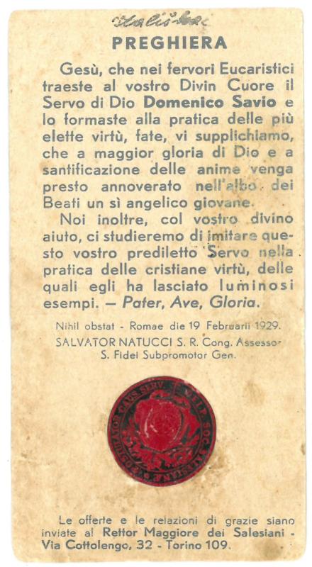 Religinis paveikslėlis. „Ex capsa sepulcr. servi dei. Dominici Savio“. Kitoje paveikslėlio pusėje – malda