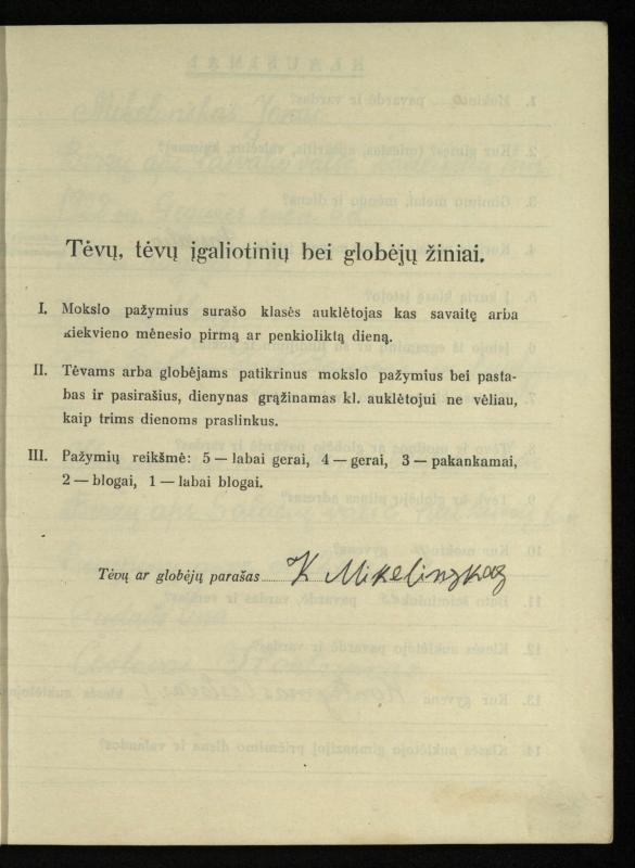 Pasvalio inž. P. Vileišio valstybinės gimnazijos I klasės mokinio Jono Mikelinsko dienynas. 1937–1938 m.