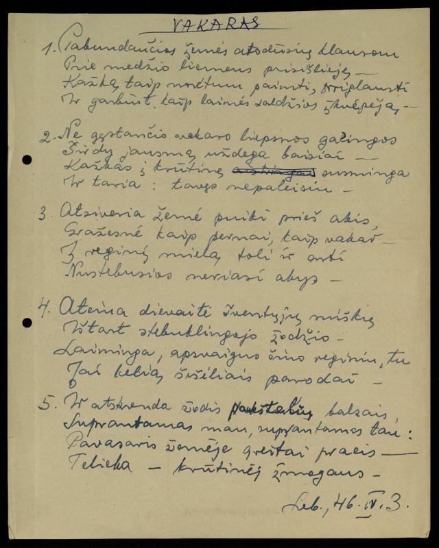 Rašytojo, savaitraščio „Tėviškės Žiburiai“ redaktoriaus Česlovo Senkevičiaus pavieniai eilėraščiai. 1943–1949 m.