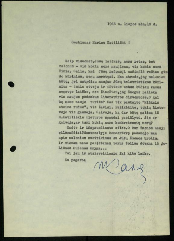 Žurnalisto Vytauto Kazakevičiaus ir rašytojų Mariaus Katiliškio, Zinaidos Nagytės-Katiliškienės korespondencija. 1966–1984 m.