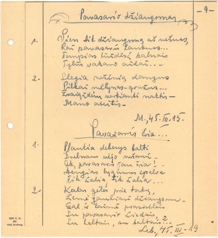 Rašytojo, savaitraščio „Tėviškės Žiburiai“ redaktoriaus Česlovo Senkevičiaus eilėraščiai. 1944–1946 m.