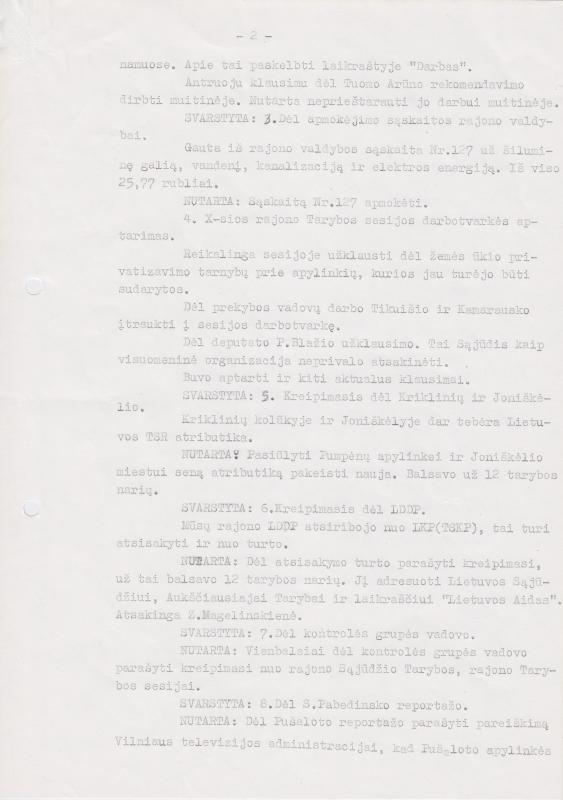 Lietuvos Sajūdžio Pasvalio rajono Tarybos susirinkimo, įvykusio 1991 m. rugpjūčio 29 d., PROTOKOLAS Nr. 21