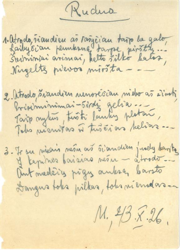 Rašytojo, savaitraščio „Tėviškės Žiburiai“ redaktoriaus Česlovo Senkevičiaus pavieniai eilėraščiai. 1943–1949 m.