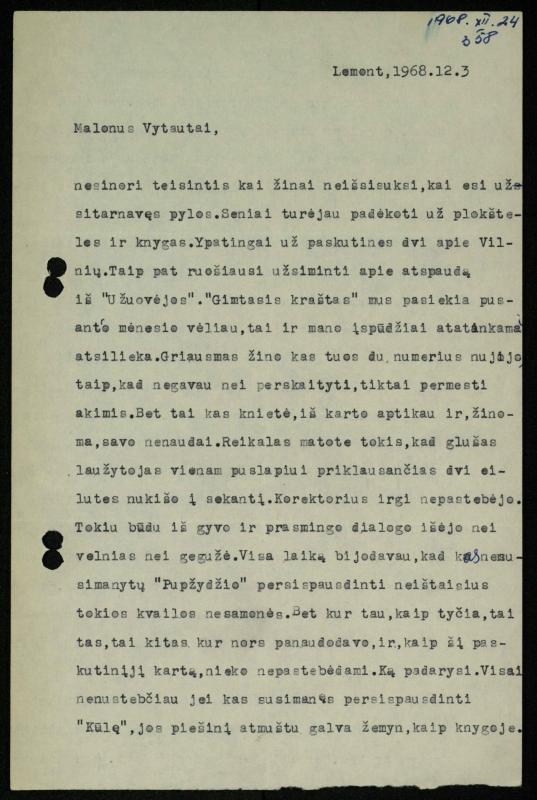 Žurnalisto Vytauto Kazakevičiaus ir rašytojų Mariaus Katiliškio, Zinaidos Nagytės-Katiliškienės korespondencija. 1966–1984 m.