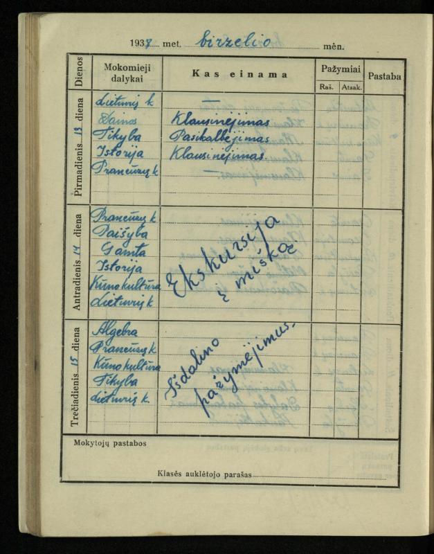 Pasvalio inž. P. Vileišio valstybinės gimnazijos I klasės mokinio Jono Mikelinsko dienynas. 1937–1938 m.