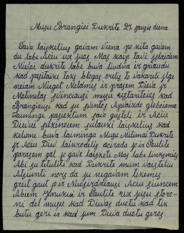Tėvų laiškas Paulei Mikelinskaitei. Sausio 27 d.