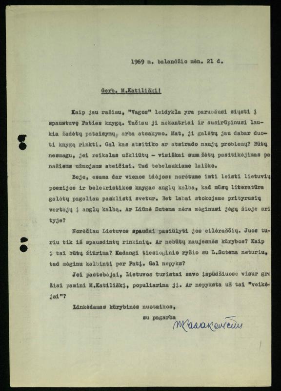 Žurnalisto Vytauto Kazakevičiaus ir rašytojų Mariaus Katiliškio, Zinaidos Nagytės-Katiliškienės korespondencija. 1966–1984 m.