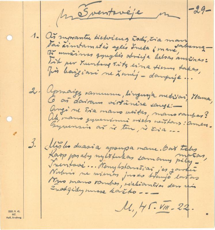 Rašytojo, savaitraščio „Tėviškės Žiburiai“ redaktoriaus Česlovo Senkevičiaus eilėraščiai. 1944–1946 m.