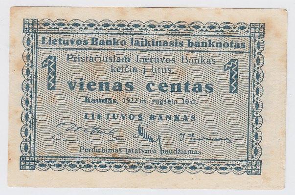 Laikinasis banknotas. 1 centas. 1922 m. rugsėjo 10 d. Lietuva