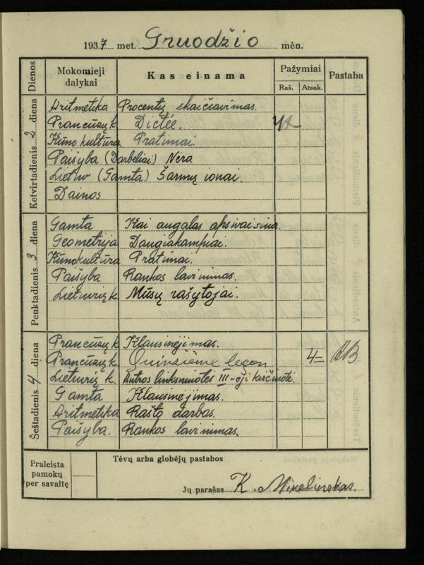 Pasvalio inž. P. Vileišio valstybinės gimnazijos I klasės mokinio Jono Mikelinsko dienynas. 1937–1938 m.