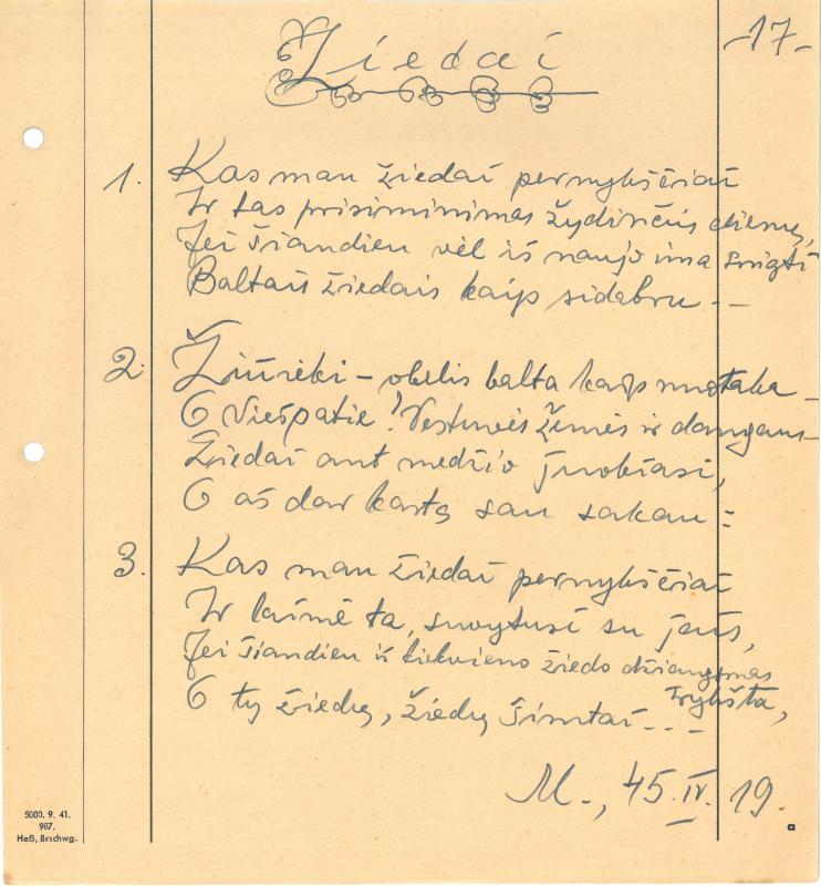 Rašytojo, savaitraščio „Tėviškės Žiburiai“ redaktoriaus Česlovo Senkevičiaus eilėraščiai. 1944–1946 m.