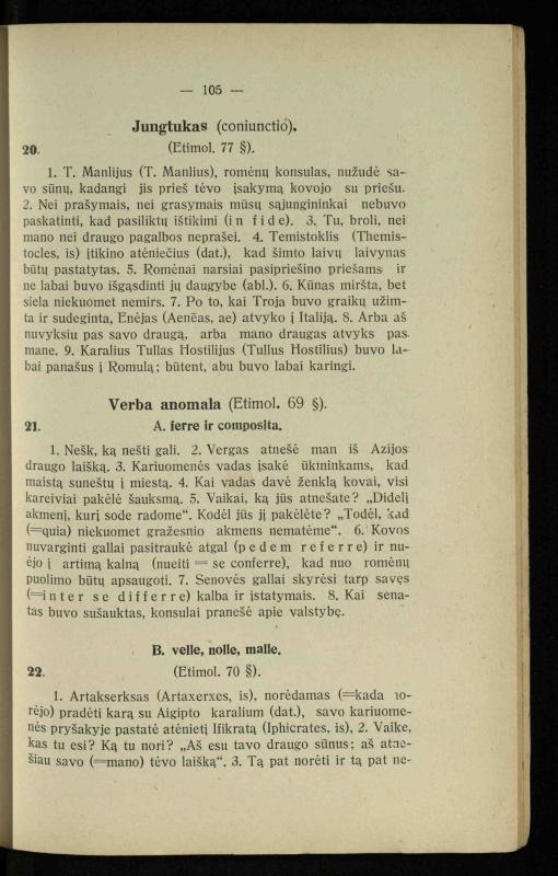 Lotynų kalbos chrestomatija: vidurinėms mokykloms vadovėlis (3-sios ir 4-sios klasės kursas) / K. Kliuksinas. – [Kaunas]: Koper. s-ga „Spaudos fondas“, 1932. – 191 p.