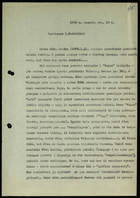 Žurnalisto Vytauto Kazakevičiaus ir rašytojų Mariaus Katiliškio, Zinaidos Nagytės-Katiliškienės korespondencija. 1966–1984 m.